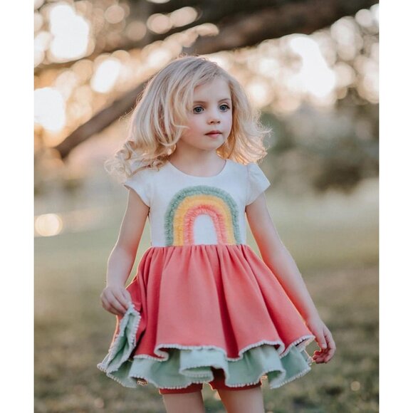 Sz 8 Girl August Apricot Rainbow Lucy dress and shorts set NWT